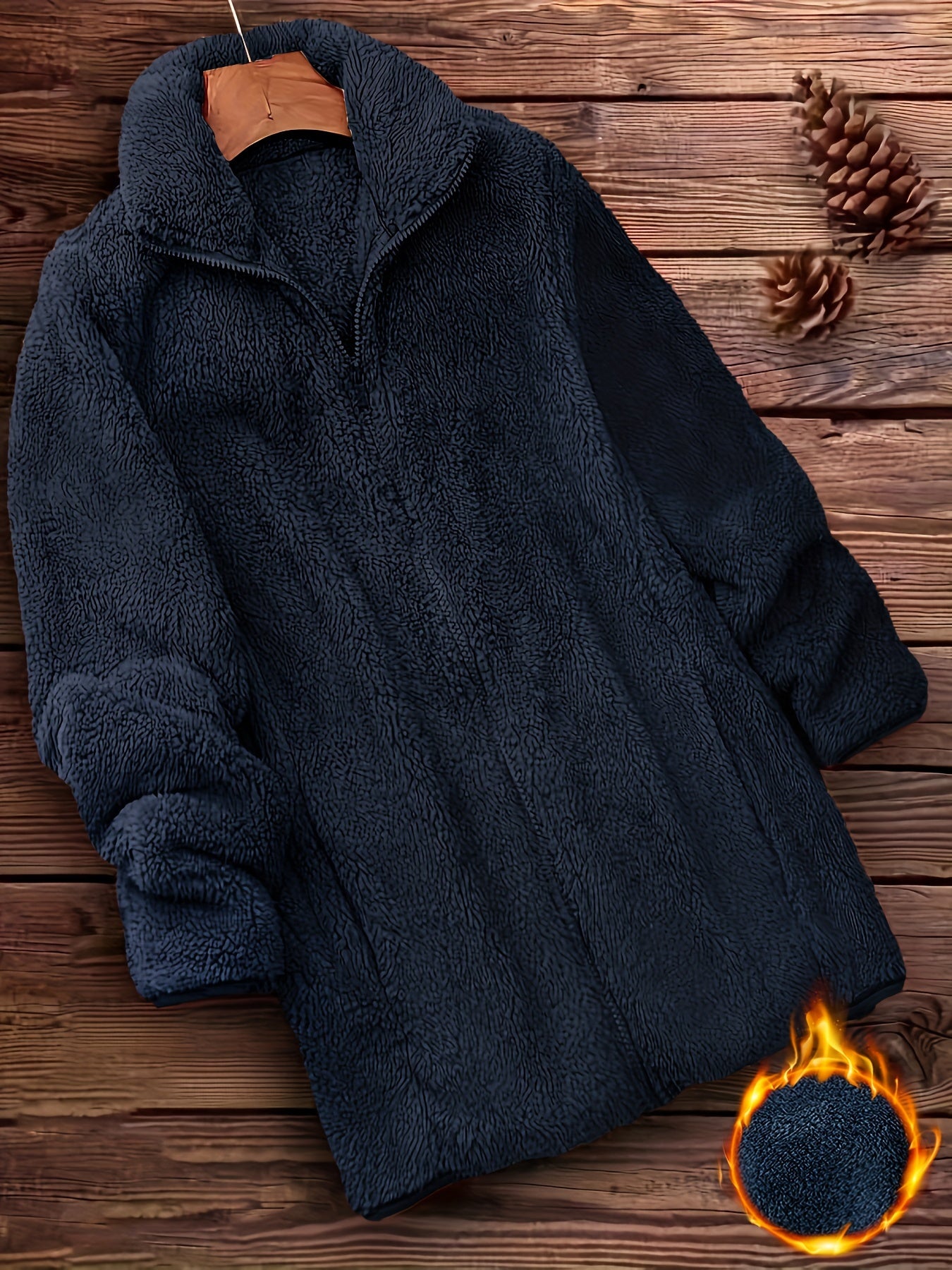 [Long Sleeve Winter Teddy Coat] Zip Up Solid Teddy Coat, Casual Long Sleeve Winter Outerwear, Women's Clothing