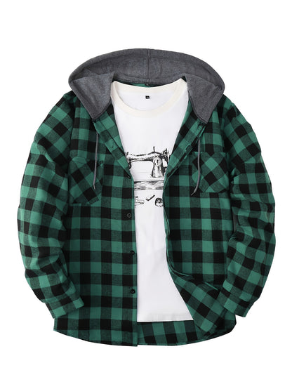 Men's Casual Plaid Hoodie Shirt - Long Sleeve Button-Up with Drawstring Hood, Red & Yellow Gingham Print, Polyester Blend, Comfortable and Stylish for Casual Attire, Essential Hoodie