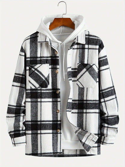 Big Plaid Pattern Men's Retro Casual Long Sleeve Lapel Shirt With Pocket Design, Fall Winter Outdoor