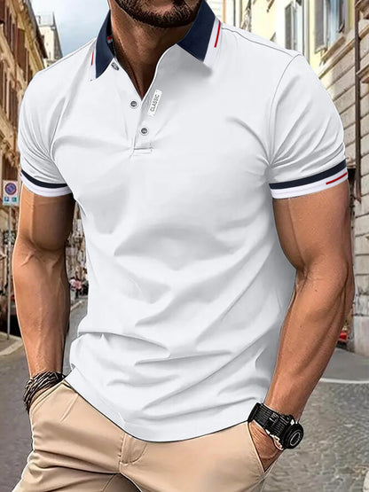 Men's Sleek Black Shirt - Casual & Sporty, Short-Sleeved with Contrast Collar and Trim, 100% Polyester, Button Detail, Ideal for Summer