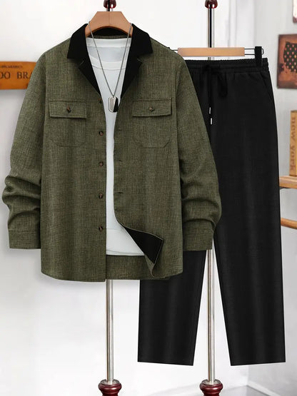 Polyester Button-Up Long Sleeve 2-Piece Pants