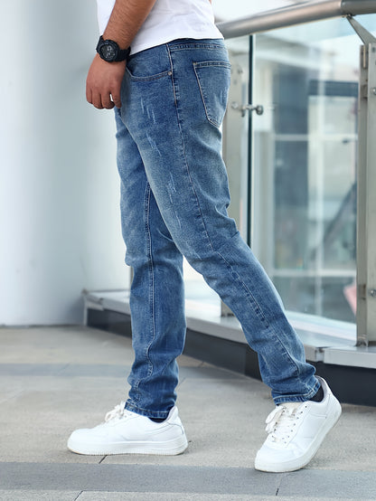 Men'S Slim-Fit Stretch Denim Jeans - Light Blue, Casual Style, All-Season Comfort, Regular Fit, Solid Color, Washed Finish, Perfect for Teens, Teenage Fashion|Casual Style Jeans|Woven Denim