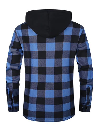Men's Fleece-Lined Hoodie - Casual & Sporty, Plaid Pullover with Button Detail, Long Sleeve, Loose Fit for Fall/Winter