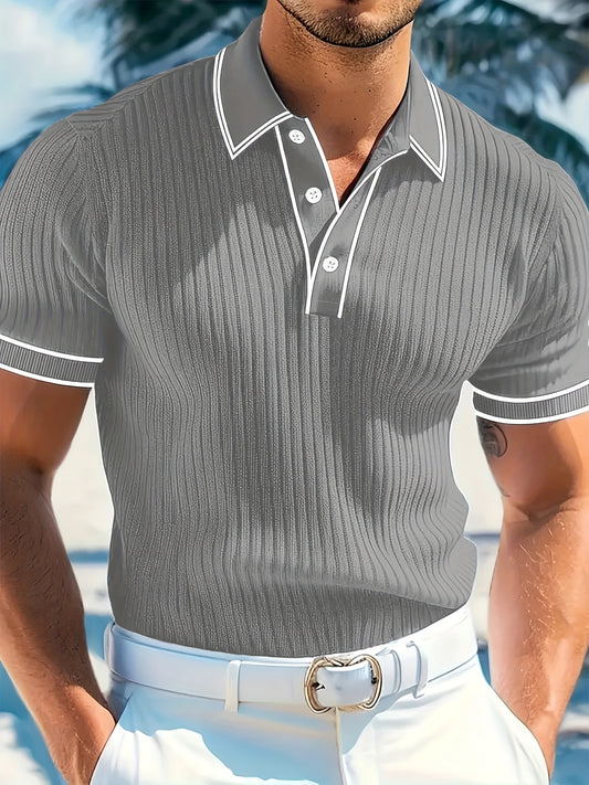 Men'S Light Blue Polo Shirt - Casual Summer Short Sleeve with Button-Up Detail, Knit Fabric, Half Collar, Regular Fit, White Waist Belt, Polyester Blend, Casual Summer Wear|Short Sleeve Shirt|Button Detail