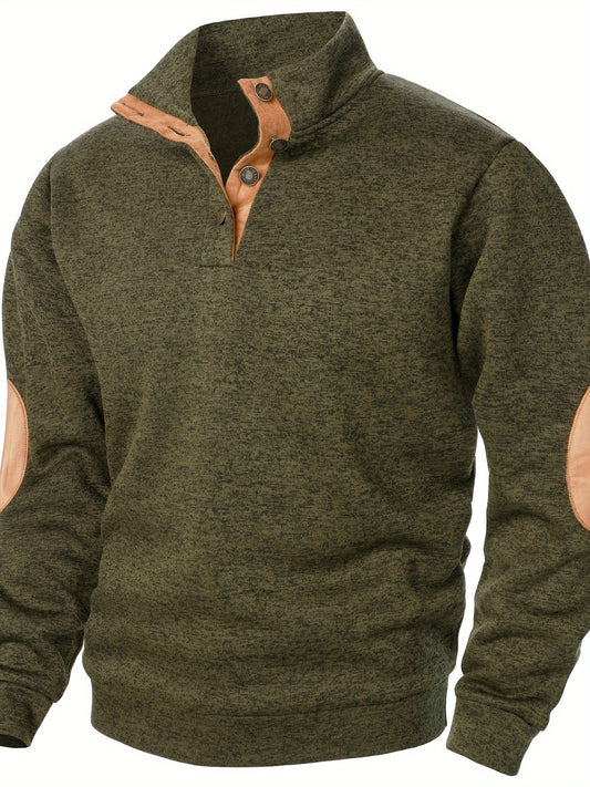 Men's Stand Collar Long Sleeve Casual Hoodie Top - Autumn Winter Warm Pullover with Button Detail, Solid Color Regular Fit for Casual Attire