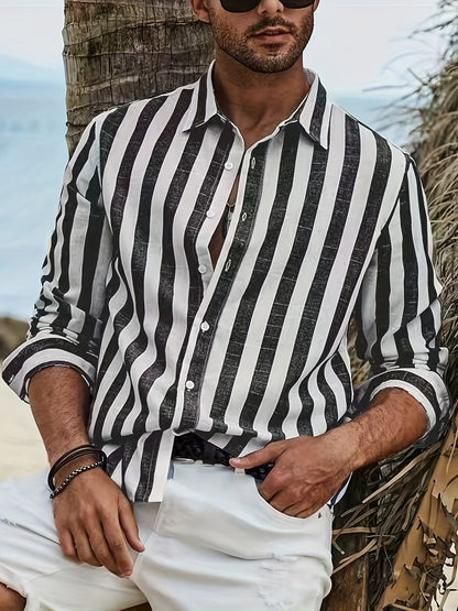 Men's Stylish Striped Button-Up Shirt - Casual Polyester, Long Sleeve with Lapel Collar, Machine Washable & Dry Cleanable, Perfect for Spring/Fall, Fall Clothing|Casual Style Shirt|Nontransparent Material