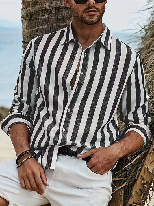 Men's Stylish Striped Button-Up Shirt - Casual Polyester, Long Sleeve with Lapel Collar, Machine Washable & Dry Cleanable, Perfect for Spring/Fall, Fall Clothing|Casual Style Shirt|Nontransparent Material