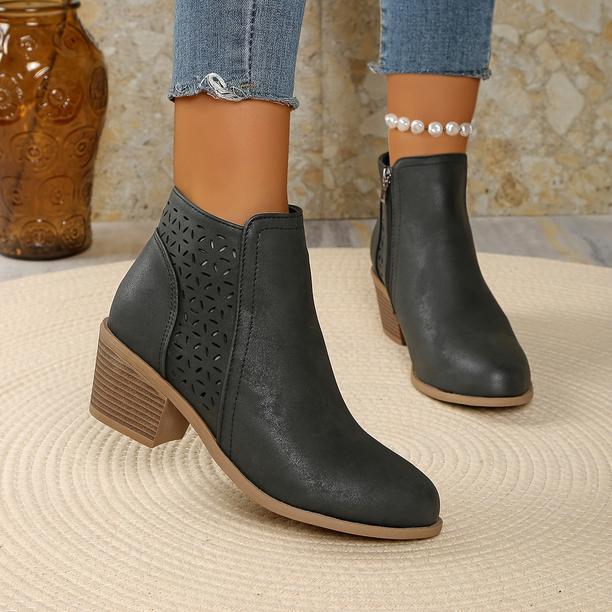 [Chunky Mid-Heel Ankle Boots] Comfortable & Durable Women's Chunky Mid-Heel Slip-On Ankle Boots | Laser-Cut Design, Round Toe, Plastic & PU Cover, All-Season Versatile Casual & Formal Footwear (Black), Block Heel