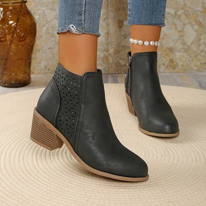 [Chunky Mid-Heel Ankle Boots] Comfortable & Durable Women's Chunky Mid-Heel Slip-On Ankle Boots | Laser-Cut Design, Round Toe, Plastic & PU Cover, All-Season Versatile Casual & Formal Footwear (Black), Block Heel