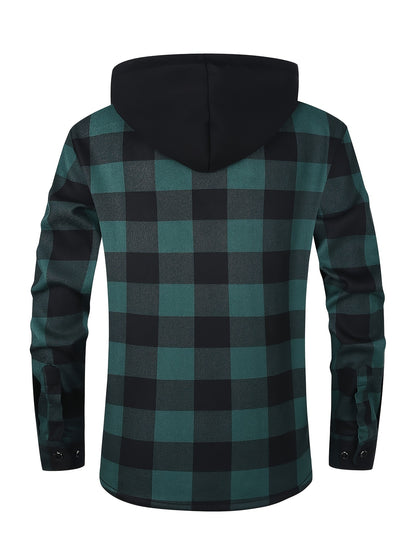 Men's Fleece-Lined Hoodie - Casual & Sporty, Plaid Pullover with Button Detail, Long Sleeve, Loose Fit for Fall/Winter