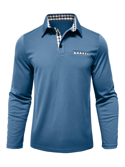 2024 Fall Casual Men'S Long Sleeve Polo Shirt with Color Block Design, Polyester Knit Fabric, Regular Fit, Half Placket, and Slight Stretch