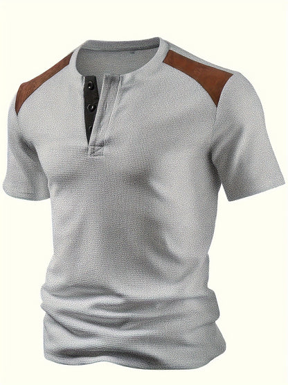 Men'S Waffle Texture Two-Tone Henley Shirt - Casual Summer Short Sleeve, Round Neck, Non-Stretch Fabric