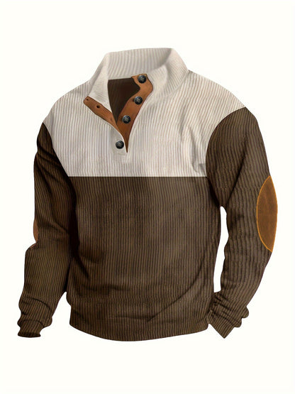Retro Color Block Knitted Ribbed Sweater, Men's Casual Warm Mid Stretch Stand Collar Pullover Sweater For Men Fall Winter, Old Money Style