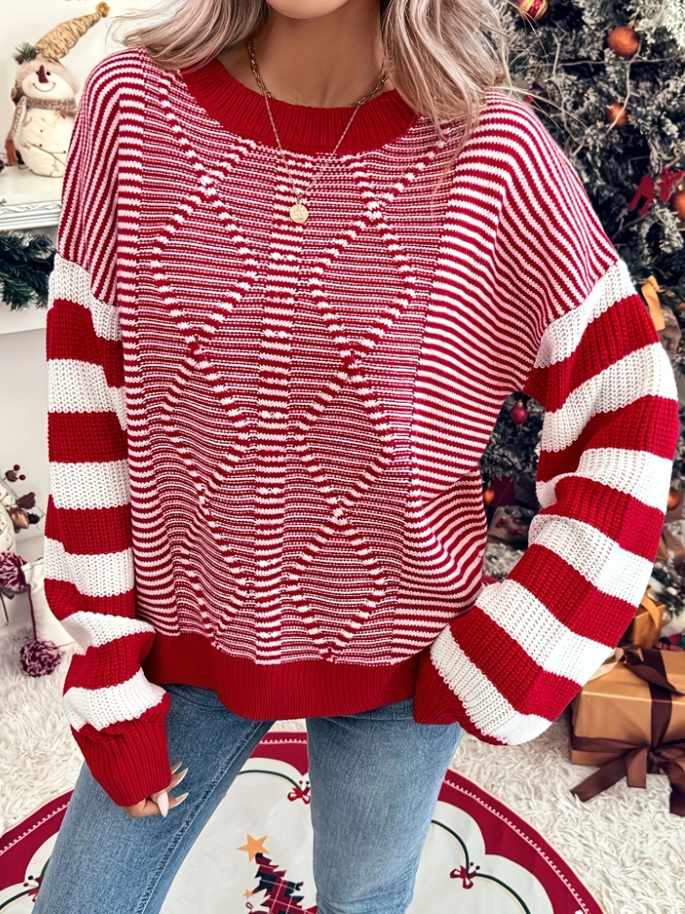 [Elegant Striped Sweater] Elegant & Comfortable Women's Red & White Striped Long Sleeve Pullover Sweater | Round Neck Casual Chic Top, All-Season Versatile Wardrobe Staple for Holiday & Casual Attire, Cute Sweaters, Festive Clothing