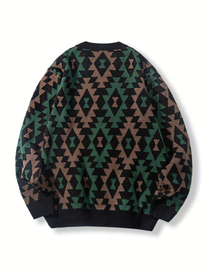 Geometric Pattern Design Men's Casual Crew Neck Long Sleeve Knitted Pullover Sweater For Outdoor Casual, Autumn And Winter