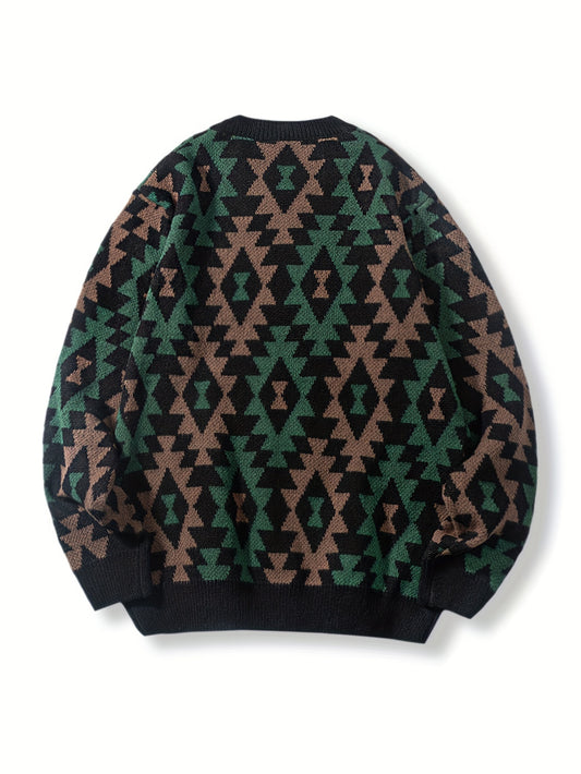 Geometric Pattern Design Men's Casual Crew Neck Long Sleeve Knitted Pullover Sweater For Outdoor Casual, Autumn And Winter