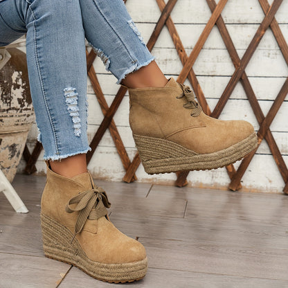 Comfortable Chic Women's Linen Wedge Ankle Boots - Lace-Up Platform Shoes with Durable Rubber Sole for All Seasons