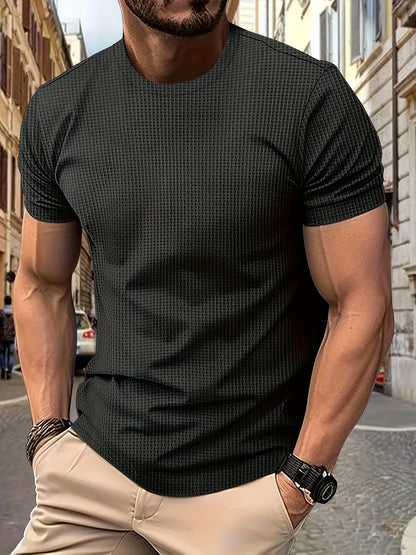 Men's Solid Color Waffle Knit T-Shirt - Breathable Stretch Fabric, Moisture-Wicking Round Neck Short Sleeve Tee for Summer Outdoor Sports & Casual Wear