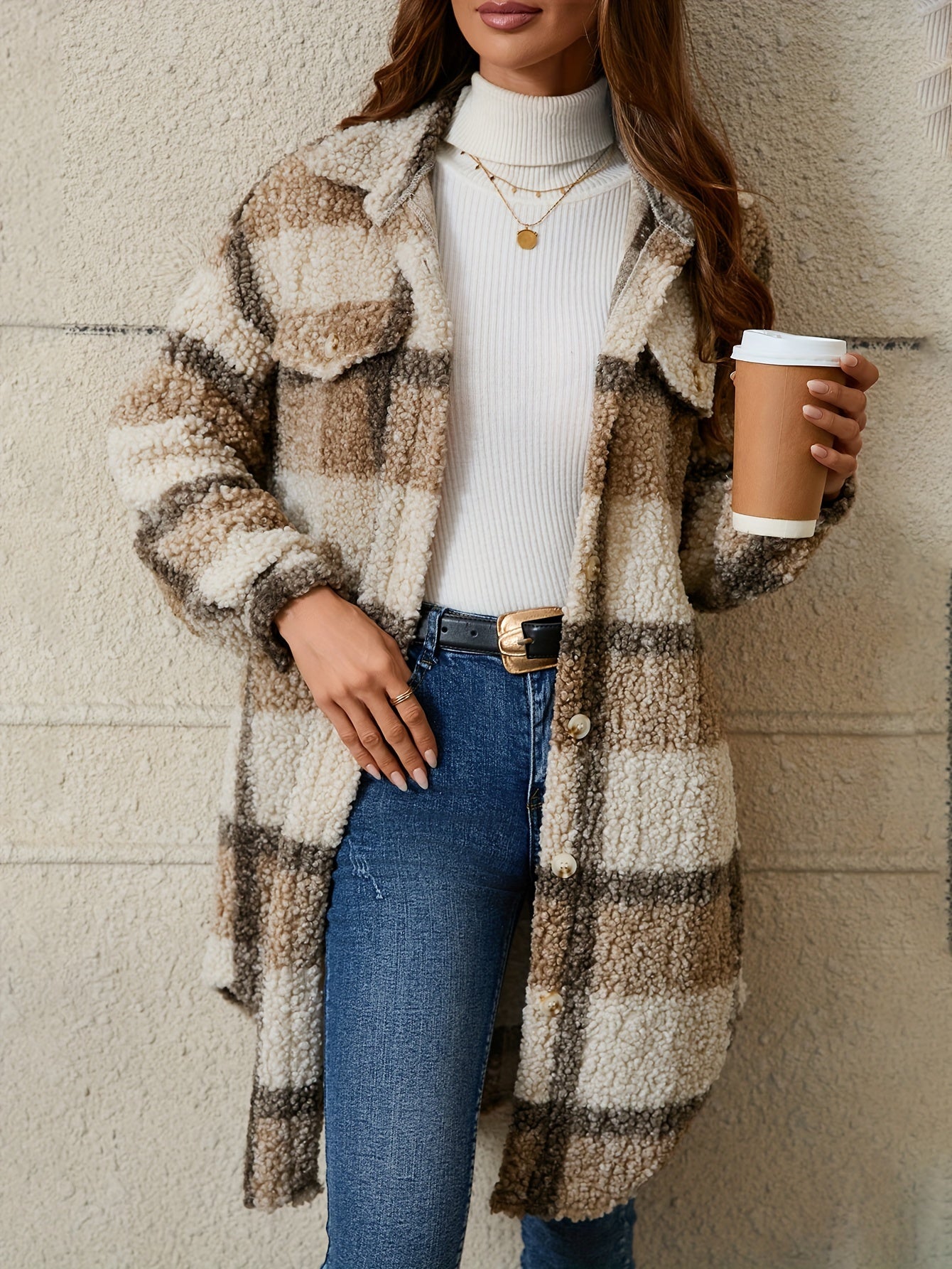 [Plaid Fuzzy Jacket] Fuzzy Plaid Pattern Jacket | Casual Thermal Long Sleeve Long Length Collar Coat For Fall & Winter, Women's Clothing