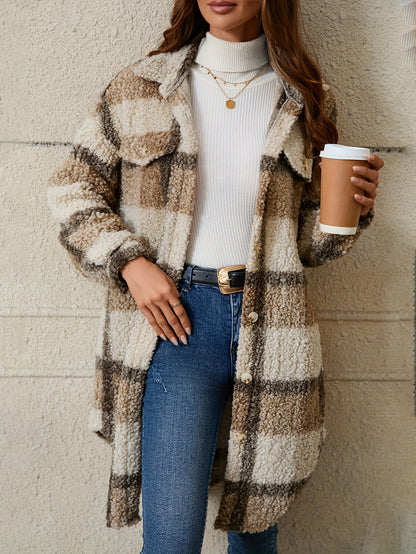 [Plaid Fuzzy Jacket] Fuzzy Plaid Pattern Jacket | Casual Thermal Long Sleeve Long Length Collar Coat For Fall & Winter, Women's Clothing