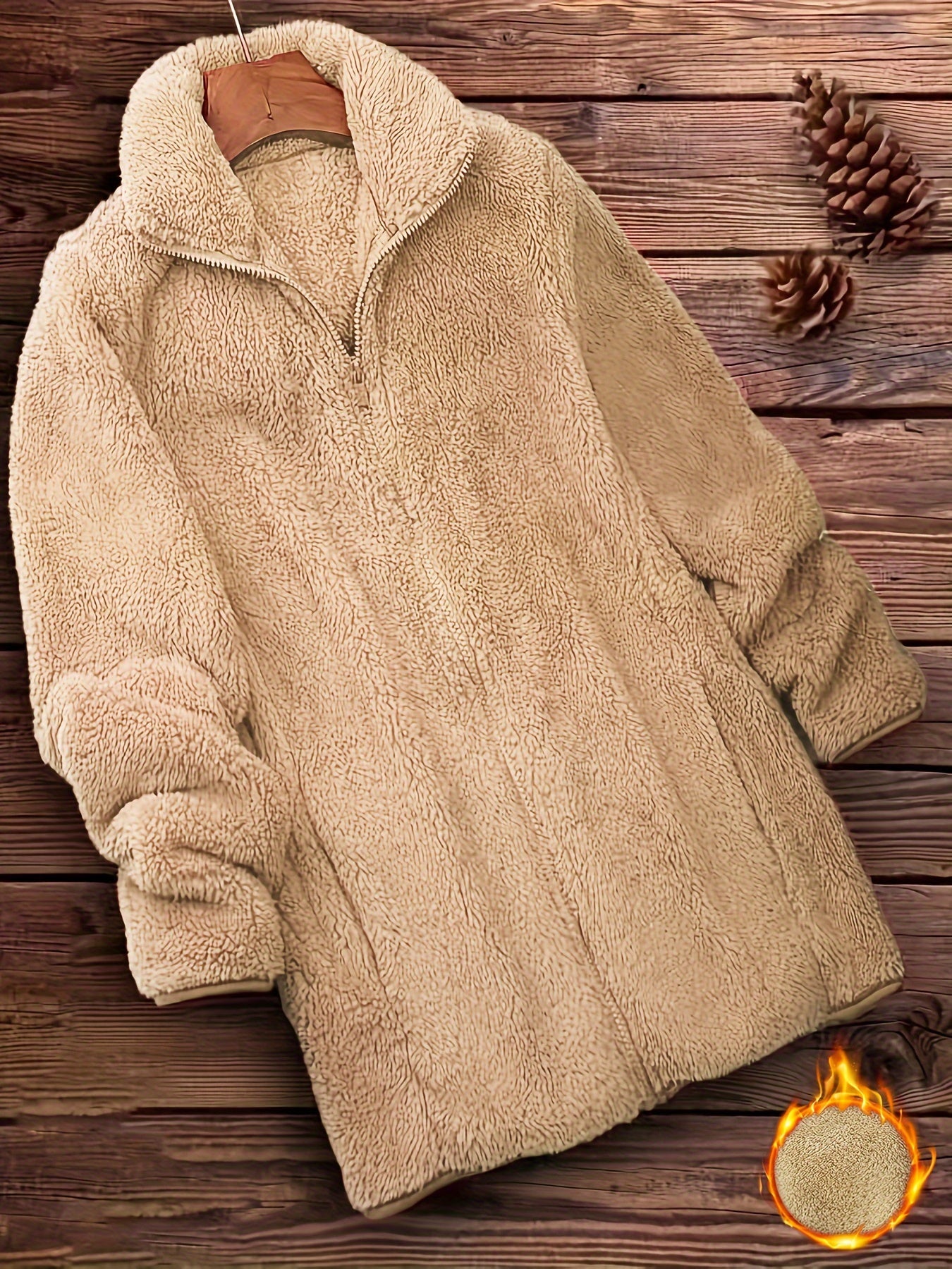 [Long Sleeve Winter Teddy Coat] Zip Up Solid Teddy Coat, Casual Long Sleeve Winter Outerwear, Women's Clothing