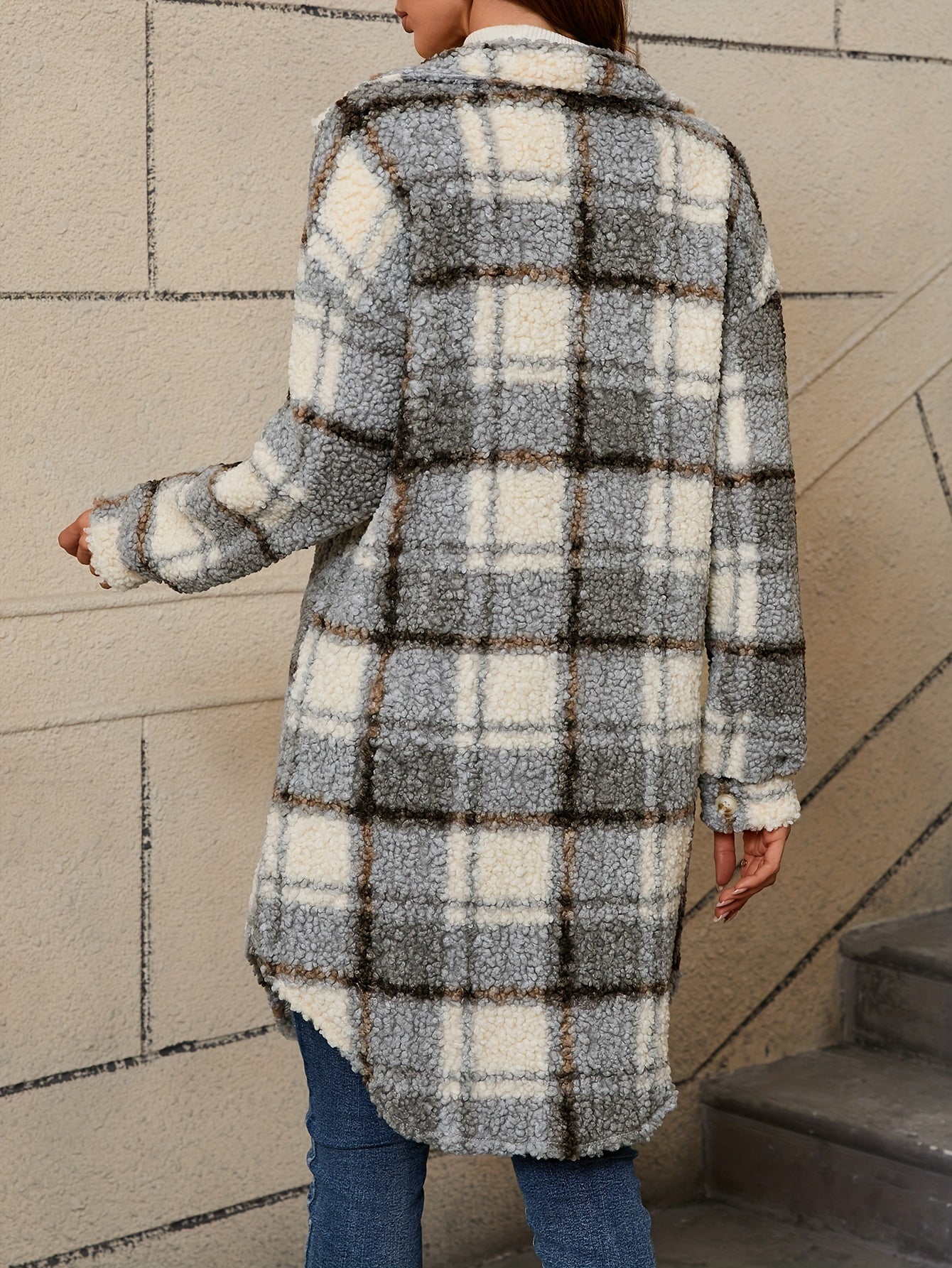 [Plaid Fuzzy Jacket] Fuzzy Plaid Pattern Jacket | Casual Thermal Long Sleeve Long Length Collar Coat For Fall & Winter, Women's Clothing