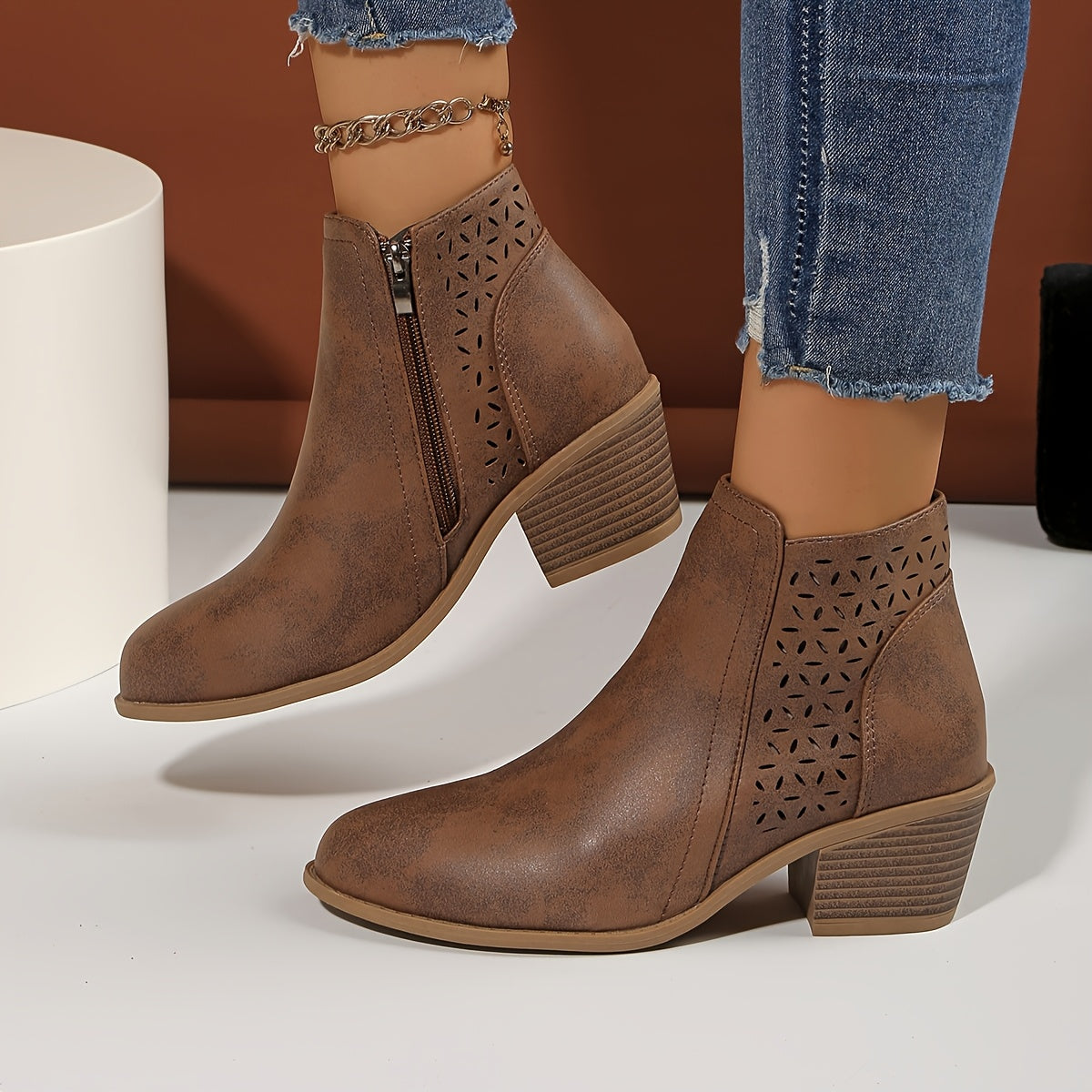[Chunky Mid-Heel Ankle Boots] Comfortable & Durable Women's Chunky Mid-Heel Slip-On Ankle Boots | Laser-Cut Design, Round Toe, Plastic & PU Cover, All-Season Versatile Casual & Formal Footwear (Black), Block Heel