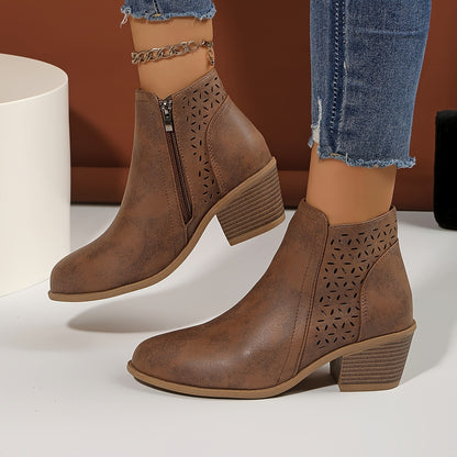 [Chunky Mid-Heel Ankle Boots] Comfortable & Durable Women's Chunky Mid-Heel Slip-On Ankle Boots | Laser-Cut Design, Round Toe, Plastic & PU Cover, All-Season Versatile Casual & Formal Footwear (Black), Block Heel