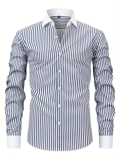 Men'S Elegant Striped Long Sleeve Button-Up Shirt - Red & White, Stretchy Polyester Blend, Fitted Design, Perfect for Business or Casual Wear, Gift for Me