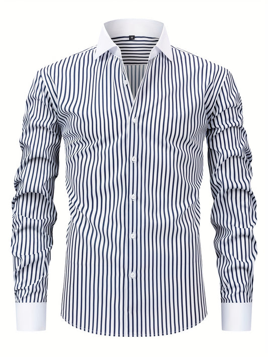 Men'S Elegant Striped Long Sleeve Button-Up Shirt - Red & White, Stretchy Polyester Blend, Fitted Design, Perfect for Business or Casual Wear, Gift for Me