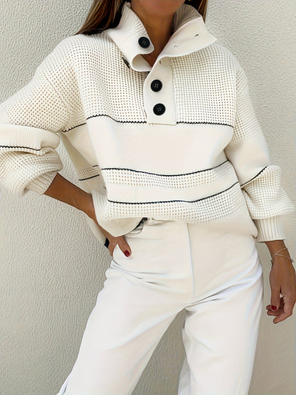 [Elegant Turtleneck Sweater] White Women's Elegant High-Neck Turtleneck Sweater | Thick Long Sleeve Pullover with Black Button Detail & Twist Hem, Soft Fabric, Loose Fit Design for All-Season Casual & Formal Wear
