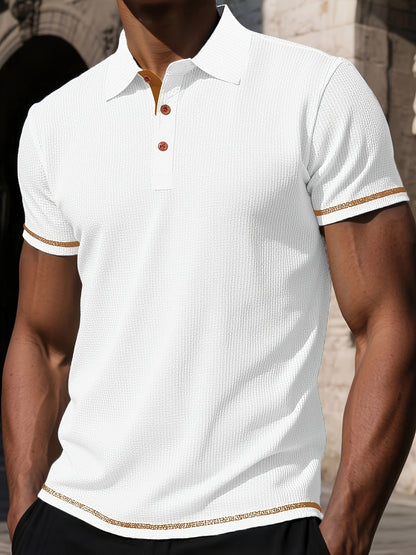 Men's Summer Ice Silky Fiber Short-Sleeve T-Shirt - Breathable Striped Casual Top with Classic Lapel Collar & Button Detail, Regular Fit for Casual Attire, Subtle Texture Shirt
