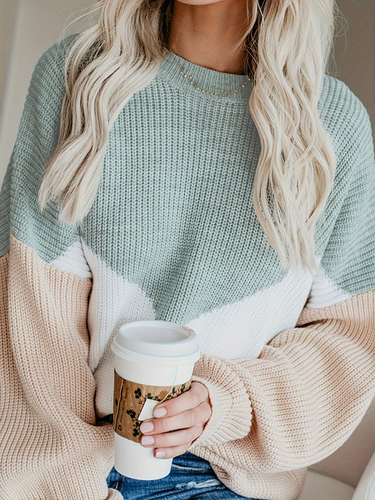 [Soft Pullover Sweater] Soft Polyester Pullover Sweater for Women | Casual Color Block Design with Teal, White, and Black Ribbed Sleeves - Crew Neck, Drop Shoulder, Long Sleeve - Perfect for Fall/Winter