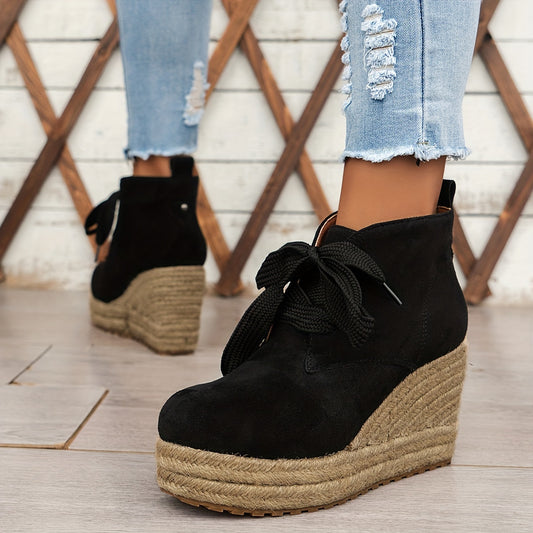 Comfortable Chic Women's Linen Wedge Ankle Boots - Lace-Up Platform Shoes with Durable Rubber Sole for All Seasons