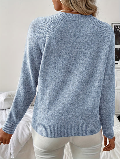 [Elegant Sweater] Women's Elegant Solid Color Long Sleeve Sweater | Round Neck, Machine Washable, Soft Fabric, Button Detailing | Spring Summer Fall Essential, Versatile Casual to Formal Wear