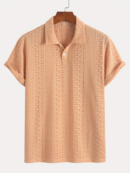 1pc Striped Knit Shirt for Men - Breathable Short Sleeve with Lace-Like Cut-Out Detail, Lightweight Casual Top, Hand Wash Only, Warm Weather Top, Textured Pattern, Delicate Knitwork, Men's Top, Stylish Men