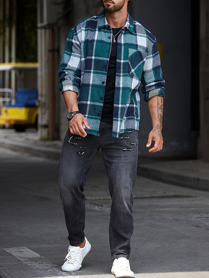 Men's Casual Flannel Shirt Coat - Solid Color Lapel Button-Up with Chest Pocket, Machine Washable Non-Stretch Fabric, Regular Fit Autumn Winter Outerwear, Autumn Apparel, Flannel, Long Sleeve Button Casual Shirt