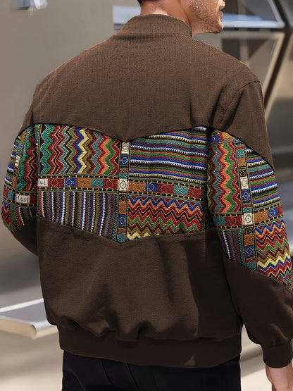 Men'S Ethnic Style Long Sleeve Baseball Collar Jacket - Casual Four-Button Closure, Side Pockets, Vibrant Geometric Patterns, Corduroy Fabric, Perfect for Formal, Sporty, and Outdoor Wear, Outdoor Jacket | Ethnic Style Jacket | Corduroy Fabric