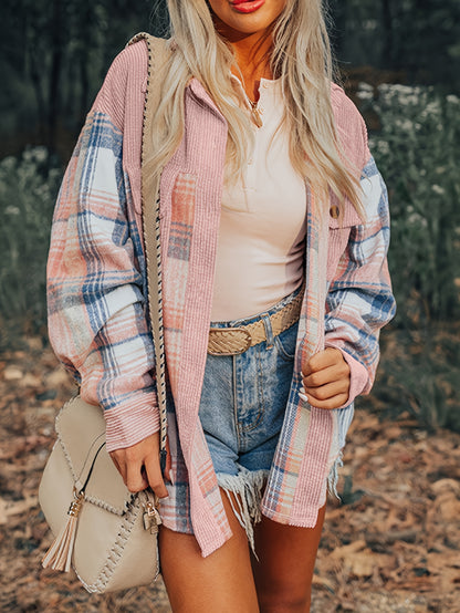 Plaid Print Drop Shoulder Jacket, Casual Lapel Neck Long Sleeve Button Front Jacket For Fall & Spring, Women's Clothing