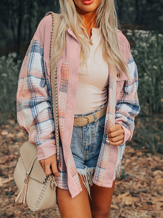 Plaid Print Drop Shoulder Jacket, Casual Lapel Neck Long Sleeve Button Front Jacket For Fall & Spring, Women's Clothing