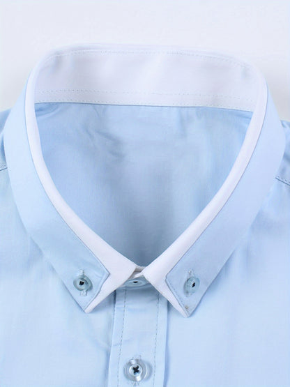 Men's Contrast Collar Design Lapel Collar Design Dress Shirts, Long Sleeve Casual Button Up Shirt For Formal Occasions