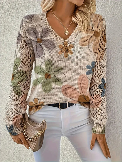 [Bohemian Floral Sweater] Bohemian Floral Print Women's V-Neck Sweater | Long Sleeve Beige & Brown Color Block Top, Casual Office Streetwear, Machine Washable Spring/Fall/Summer Layering Essential, Versatile Fashion, Trendy Vneck, Comfortable Fi