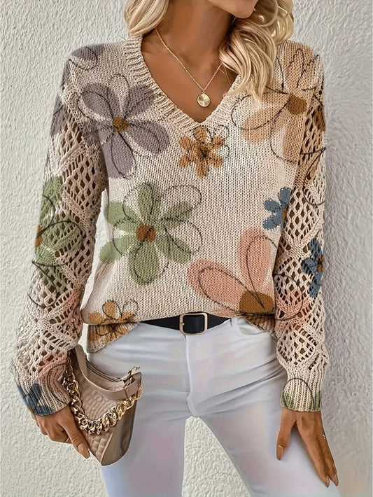 [Bohemian Floral Sweater] Bohemian Floral Print Women's V-Neck Sweater | Long Sleeve Beige & Brown Color Block Top, Casual Office Streetwear, Machine Washable Spring/Fall/Summer Layering Essential, Versatile Fashion, Trendy Vneck, Comfortable Fi
