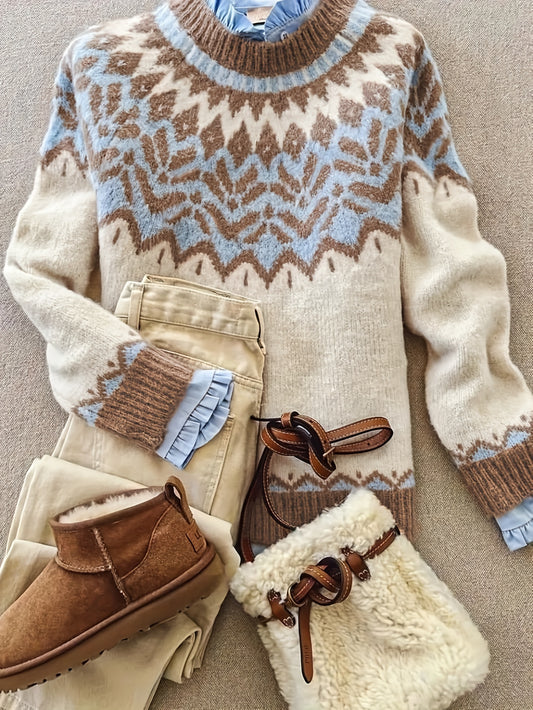 2025 New Women'S Autumn And Winter Casual Fashion Commuting Outdoor Ribbed Round Neck Color-Blocked Patterned Pullover