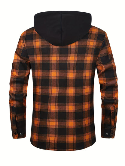 Men's Fleece-Lined Hoodie - Casual & Sporty, Plaid Pullover with Button Detail, Long Sleeve, Loose Fit for Fall/Winter