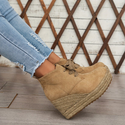 Comfortable Chic Women's Linen Wedge Ankle Boots - Lace-Up Platform Shoes with Durable Rubber Sole for All Seasons