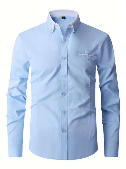 Men's Contrast Collar Design Lapel Collar Design Dress Shirts, Long Sleeve Casual Button Up Shirt For Formal Occasions