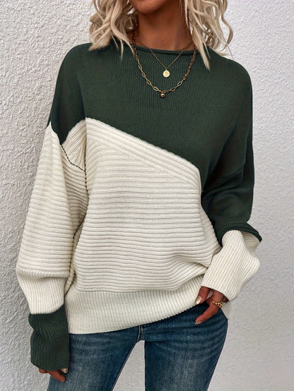 Womens Elegant Color Block Funnel Neck Pullover Sweater - Soft High Elasticity Acrylic Knit Fabric, Long Sleeve Drop Shoulder Design, Easy Care Hand Wash or Dry Clean, Perfect for Fall and Winter - Classic Style for Casual Daily Wear