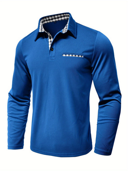2024 Fall Casual Men'S Long Sleeve Polo Shirt with Color Block Design, Polyester Knit Fabric, Regular Fit, Half Placket, and Slight Stretch