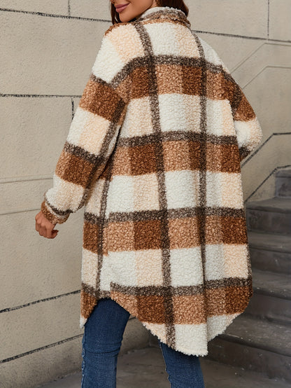 [Plaid Fuzzy Jacket] Fuzzy Plaid Pattern Jacket | Casual Thermal Long Sleeve Long Length Collar Coat For Fall & Winter, Women's Clothing